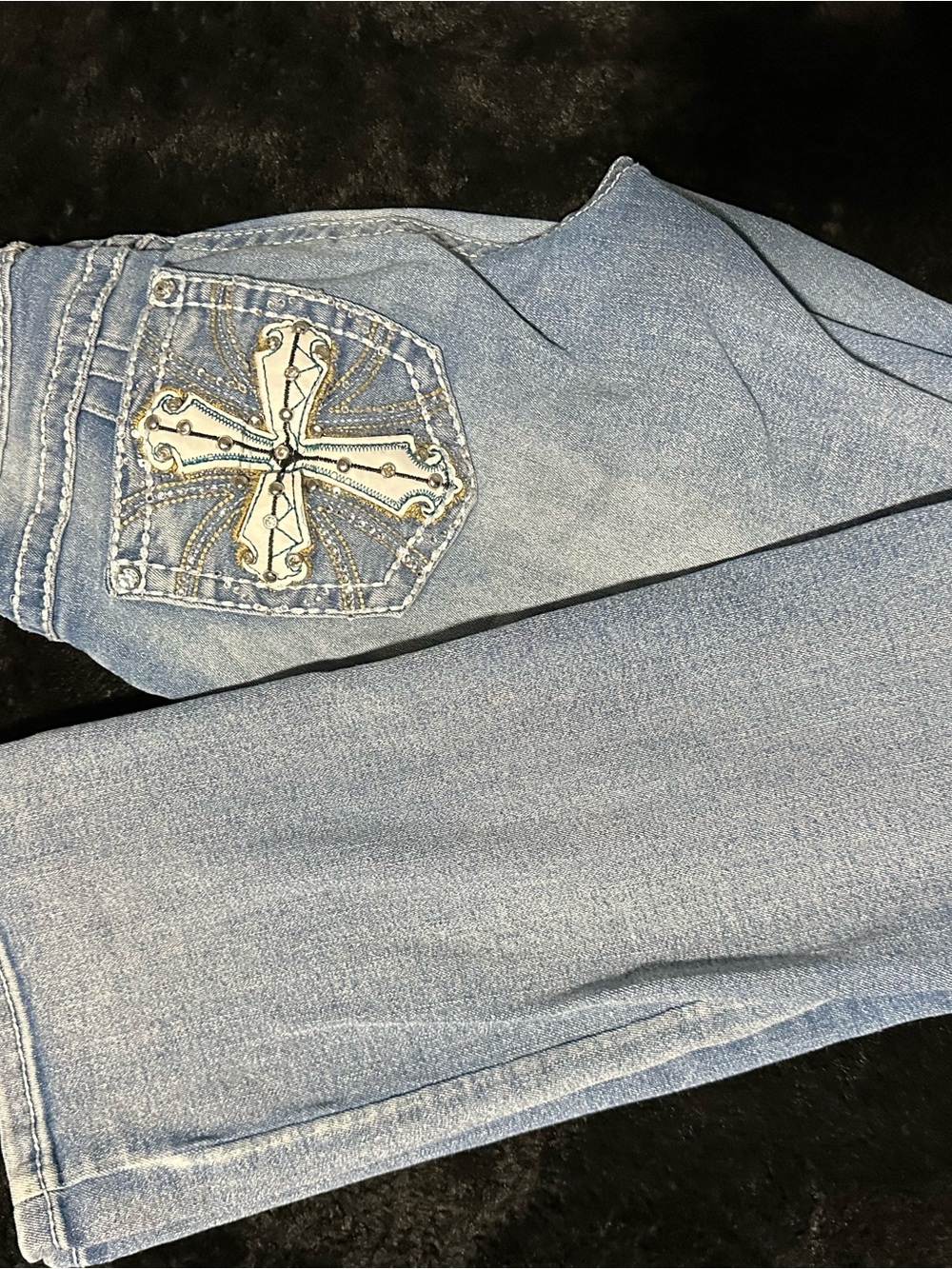 Sky Women's Light Blue Boot Cut Jeans with Embroidered Cross Pocket